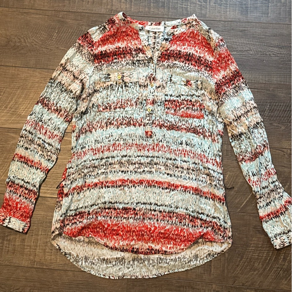 Calvin Klein Multicolor Textured Knit Long Sleeve Top – Button Front